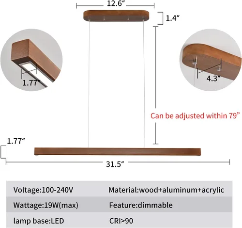 Miniatura 2 de Lámpara colgante lineal de madera de 31.5" – Lámpara de araña LED regulable con control remoto, iluminación moderna ajustable de estilo granja