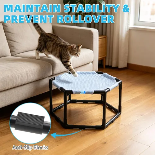 Miniatura 6 de Cama hamaca elevada para gatos, cuna hexagonal elevada para gatos con tela transpirable de gorro de hielo y bloque antideslizante, alfombrilla