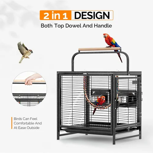 Miniatura 3 de VINGLI Jaula para pájaros pequeños, jaula de viaje de 19 pulgadas con asa, jaula de periquitos de hierro forjado con perca de madera para loros