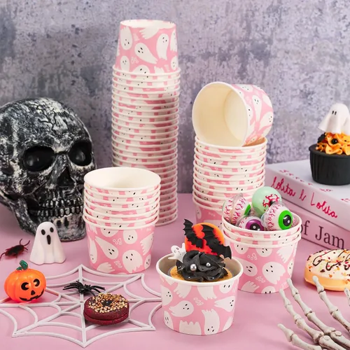 Miniatura 5 de Whaline 50 tazas desechables de fantasma de Halloween, lindos cuencos desechables de 9 onzas, cuencos de papel para postre de helado para dulce