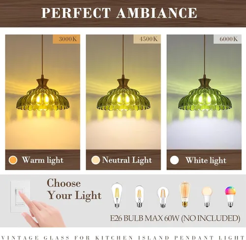 Miniatura 3 de Luces Colgantes de Vidrio Verde, 11.8" Iluminación Vintage Accesorios de Luz de Vidrio Dorado Cepillado Moderno Colgante de Techo para Isla