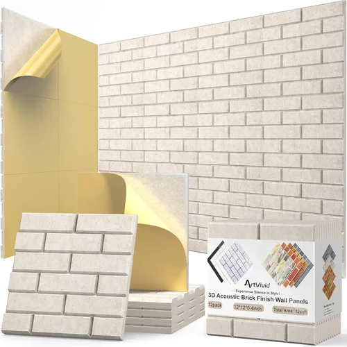 Miniatura 28 de Paquete de 12 paneles acústicos, paneles autoadhesivos con patrón de ladrillo 3D a prueba de sonido para paredes, paneles decorativos de pared