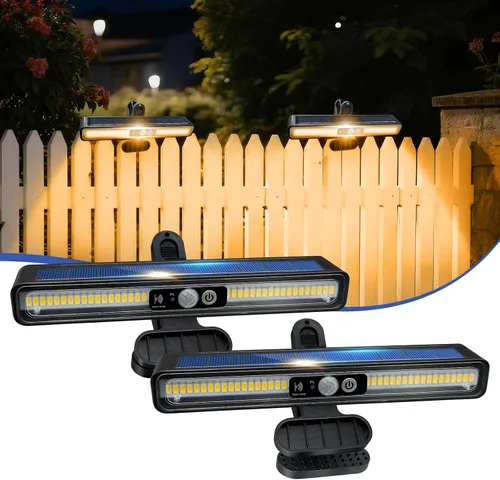 Luces solares de movimiento con clip para exteriores, paquete de 2 luces de 3 modos de valla alimentadas por energía solar, 36 LED 6500 K