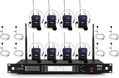 Miniatura 11 de Pyle Sistema de micrófono inalámbrico UHF de 8 canales con 4 micrófonos de mano, 4 Lavalier y 4 micrófonos de auriculares, rango de 300 pies