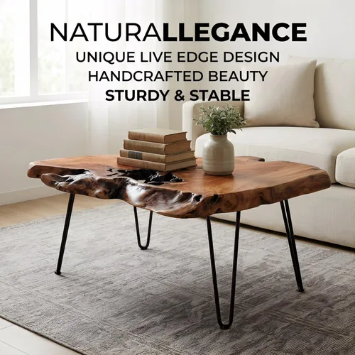 Miniatura 6 de Mesa de centro de madera natural, mesa de centro de borde vivo para sala de estar, escritorio único