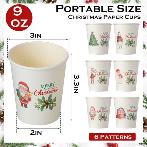 Miniatura 2 de Hotop 120 tazas de Navidad de 9 onzas, árbol de muñeco de nieve de Papá Noel, oso polar, alce, suministros para fiestas, desechables, café, té