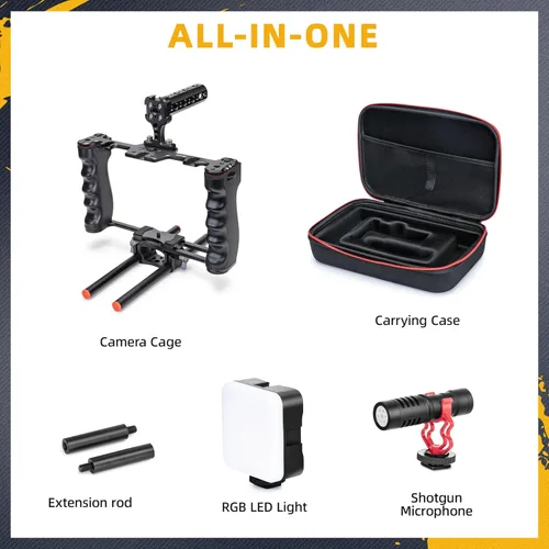 Miniatura 2 de Zeadio Kit de aparejo de video todo en uno, jaula de cámara de mano de aluminio con luz de video RGB, micrófono, mango superior, guía de varilla