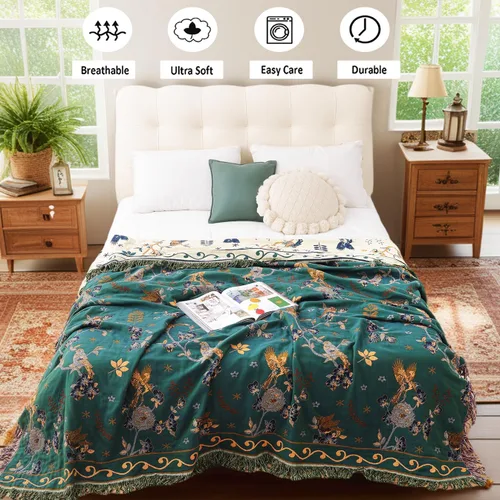 Miniatura 3 de VANJOROY - Manta bohemia de 100% algodón orgánico, transpirable, ultrasuave, decoración rústica, manta decorativa con diseño floral para todas