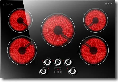 Placa de cocción eléctrica empotrable de 30 pulgadas Karienvir, placa de cocción de 5 quemadores de 8500W, perilla antideslizante y control táctil,