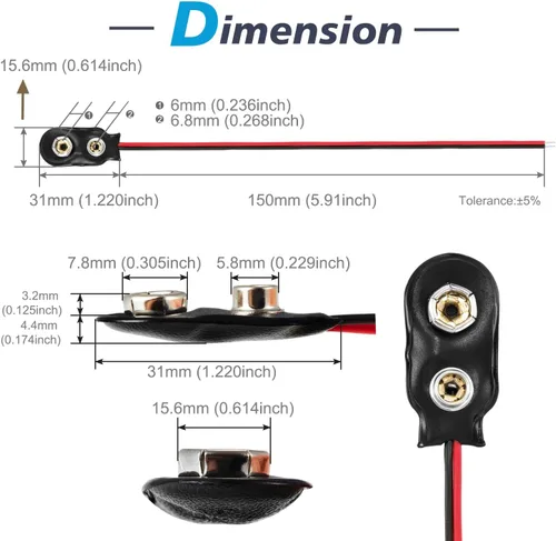 Miniatura 2 de CHANZON UL Wires 20PACK 9V batería doble conector clip UL cables tipo I Snap con carcasa de coleta cables de cuero suave cables para adaptador