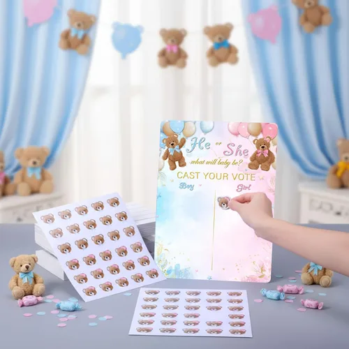 Miniatura 4 de Poen Tablero de Juego de Revelación de Género de Oso con Soporte, 60 Calcomanías de Oso Él o Ella, Emite Tu Voto Suministros de Fiesta de Baby