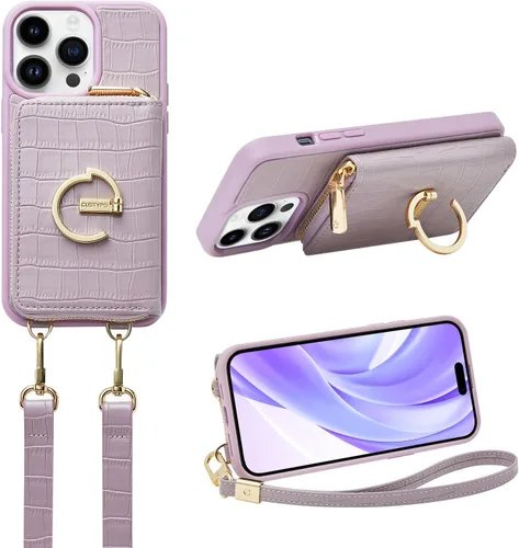 C CUSTYPE - Funda para iPhone 15 Pro con tarjetero para mujer, funda cruzada con cremallera y correa para muñeca, funda protectora de cuero con
