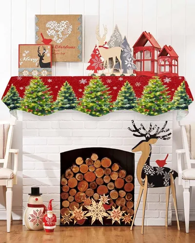 Miniatura 3 de Red Christmas Fireplace Mantel Scarf Cover, Winter Pine Tree Snowflakes Xmas Mantel Shelf Top Scarf Christmas Runners for Fireplace Christmas Decor
