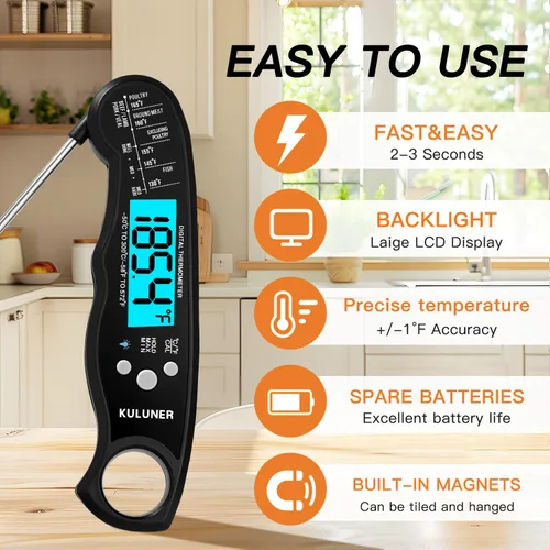 Miniatura 2 de KULUNERKULUNER - Termómetro digital impermeable de lectura instantánea de carne con sonda plegable de 4.6 pulgadas