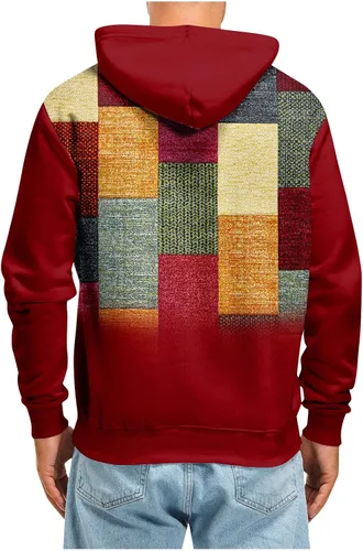 Miniatura 5 de Sudaderas con capucha para hombre, diseño de retazos a cuadros, casual, manga larga, con cordón de bolsillo