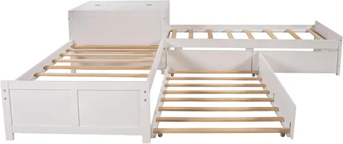 Miniatura 6 de Moderna cama de plataforma en forma de L con nido y cajones, cama de plataforma de madera de tamaño individual con mesa cuadrada abatible White#w
