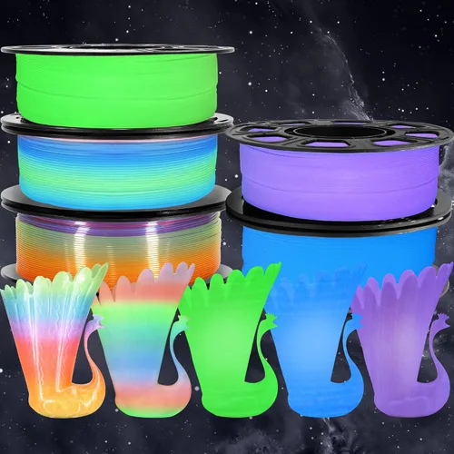 Miniatura 5 de Paquete de filamento PLA para impresión 3D 5 en 1: verde que brilla en la oscuridad, azul, púrpura y arco iris, multicolor, 0.55 libras por carrete
