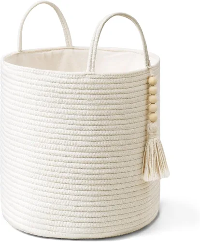 Miniatura 15 de Mkono Cesta Alta de Mimbre para Ropa Sucia Cesta de Almacenamiento Tejida Cesta Decorativa de Cuerda Natural Decoración de Cuentas de Madera