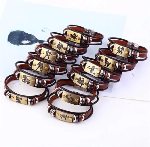 Miniatura 3 de Pulsera de cuero con 12 constelaciones, de acero inoxidable, estilo retro, para mujeres, hombres, pareja