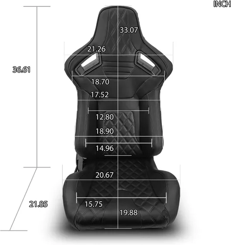 Miniatura 2 de 1 par de asientos universales de carreras de cuero de PVC negro/costuras negras izquierdas/derechas