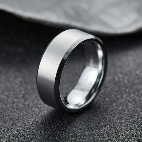 Miniatura 141 de King Will Anillo de boda de tungsteno para hombre, disponible en 15/64 a 25/64 de pulgada (6 a 10 mm), negro/plata, acabado mate, borde pulido