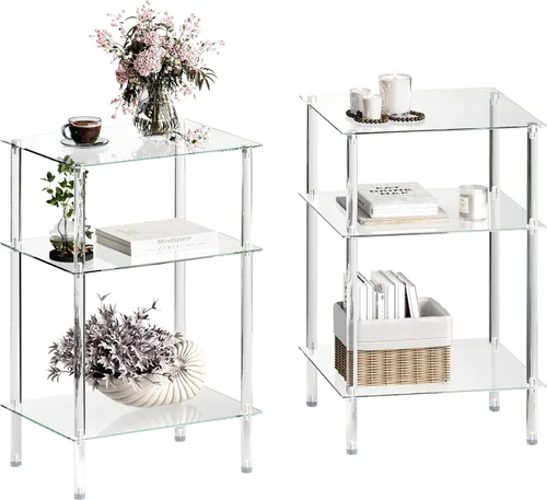 Miniatura 10 de Mesa auxiliar de vidrio templado, mesa de centro acrílica, mesita de noche transparente de 2 niveles, mesa de café transparente, para espacios