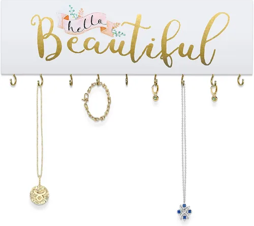Miniatura 4 de SANY DAYO HOME Organizador de joyas montado en la pared, moderno soporte de madera con 9 ganchos de metal para collares, anillos, aretes, pulseras