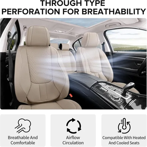 Miniatura 7 de CAPITAUTO Juego completo de fundas de asiento de automóvil, fundas de asiento beige para automóvil con soporte lumbar, fundas de asiento