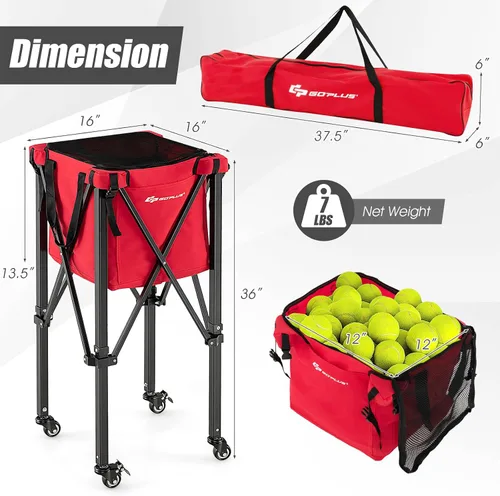 Miniatura 7 de Goplus Tolva plegable para pelotas de tenis, cesta de aluminio ligera con ruedas, bolsa extraíble, bolsillos laterales, bolsa de transporte, carrito
