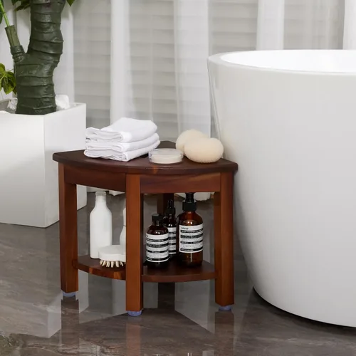 Miniatura 2 de HouseJoy Banco de ducha de esquina con estante: taburete de ducha de esquina para afeitarse las piernas, reposapiés de baño, banco de baño