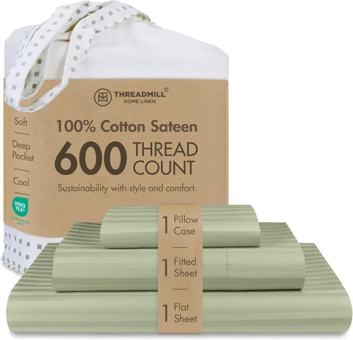 Miniatura 17 de Threadmill Sábanas de Algodón 100% para Cama Tamaño Queen - Juego de Sábanas Queen de 600 Hilos con Bolsillo Profundo de 16" - Juego de Ropa de Cama