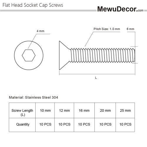 Miniatura 2 de M6-1.0 x 10/12/16/20/25mm Flat Head Socket Cap Screws, Allen Socket Drive, DIN 7991, Stainless Steel 18-8 (304), Bright Finish, 50 PCS