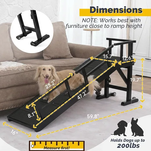 Miniatura 3 de Rampa para perros para cama o sofá, rampa de madera para mascotas con pendiente suave de 20°, rieles laterales extraíbles, superficie