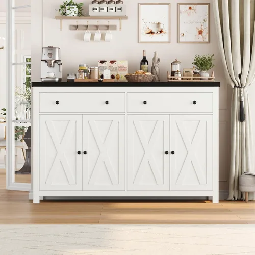 Miniatura 4 de FOTOSOK Aparador Buffet con Almacenamiento, Gabinete de Almacenamiento de Cocina Grande de 55" con 2 Cajones y 4 Puertas, Gabinetes de Barra de Café