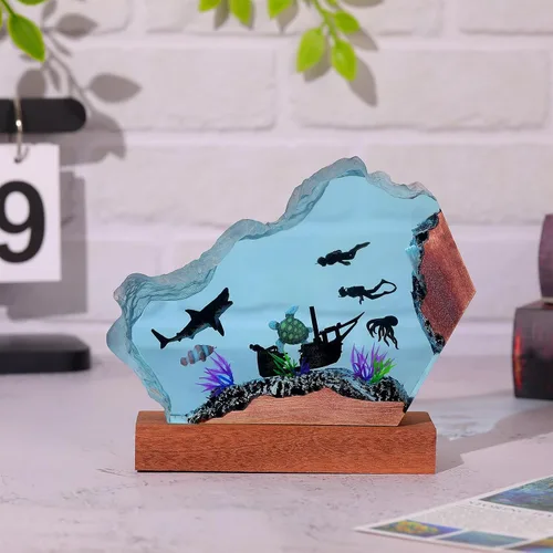 Miniatura 8 de Drawelry Lámpara creativa de luz de madera de resina epoxi, hecha a mano, con forma de onda profunda, lámpara de océano acuático profundo, buceador