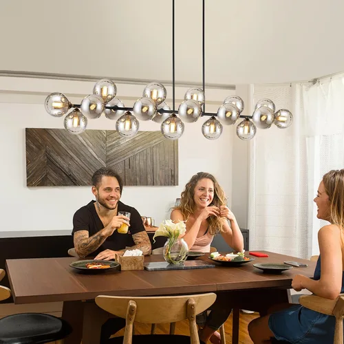 Miniatura 9 de Candelabro lineal negro Sputnik de 70 pulgadas, lámpara de comedor con 22 luces, globo de vidrio, lámpara lineal ahumada para granja, sala de estar