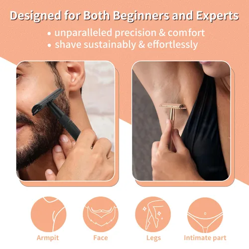 Miniatura 5 de Maquinilla de afeitar de seguridad de doble filo de oro rosa para mujer, maquinilla de afeitar de una sola hoja con 10 cuchillas recubiertas