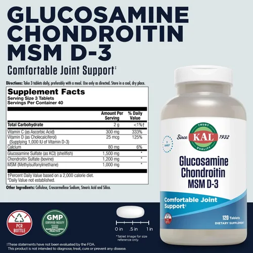 Miniatura 2 de KAL Glucosamina condroitina MSM D-3, suplemento de apoyo articular, 1,500 mg de sulfato de glucosamina, 1,200 mg de sulfato de condroitina, 1,000 mg