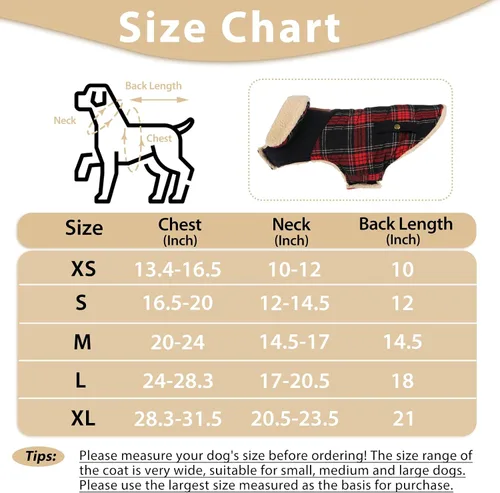 Miniatura 4 de Abrigo de invierno para perros pequeños y medianos, chaqueta a cuadros para cachorros, abrigo de algodón para clima frío, prendas cálidas y Rojo