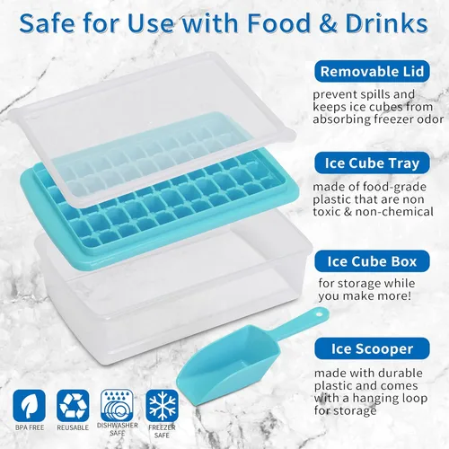 Miniatura 2 de Bandeja para cubitos de hielo con tapa y contenedor para congelador, bandeja de hielo de 55 pepitas de fácil liberación con tapa, recipiente de Azul