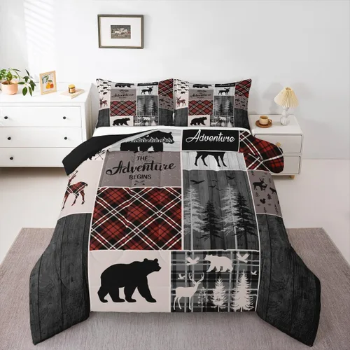 Miniatura 222 de Juego de edredón de oso y ciervo, tamaño individual, ropa de cama de animales salvajes de caza, colcha rústica de cabaña, casa de campo, cuadros