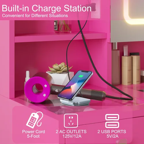 Miniatura 5 de Karl home Tocador de maquillaje con espejo iluminado, escritorio para dormitorio con estación de carga, juego de tocador grande con escritorio