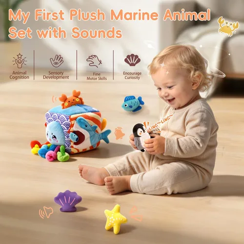 Miniatura 3 de SAIMAND Juguetes para bebés de 6 a 12 meses – Caja suave misteriosa con 5 animales marinos de peluche, sonajero, papel crujiente y espejo – Juguetes