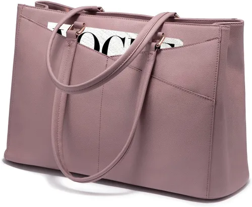 Miniatura 46 de LOVEVOOK Bolsa de mano para computadora portátil para mujer, bolsas de trabajo de cuero de 15.6 pulgadas con soporte grande para tazas para Negro