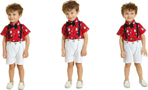 Miniatura 2 de Kimocat Traje de caballero para bebé, camisa de algodón con corbatín, overoles de 3 piezas