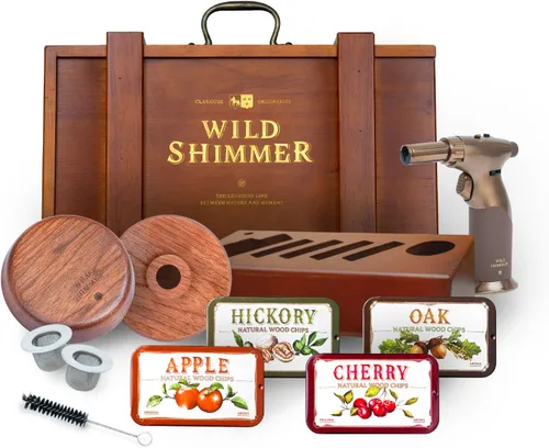 Kit de ahumador de whisky para cócteles con antorcha, caja de madera y soporte | Ahumador de nogal americano premium y virutas de madera natural de