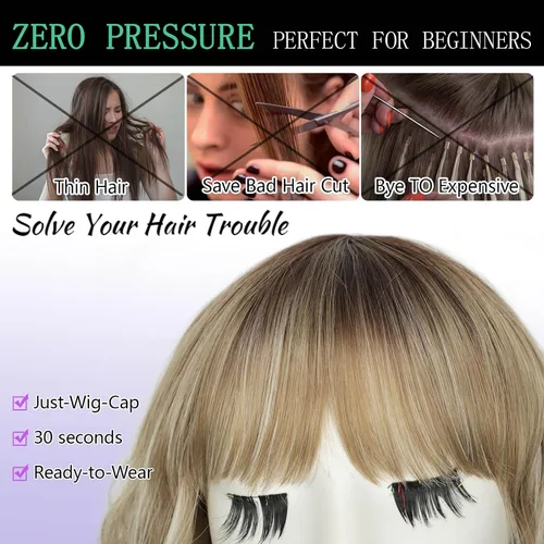 Miniatura 4 de AISI HAIR Peluca rizada estilo Bob con flequillo, pelucas cortas onduladas suaves de color beige rubio ceniza para mujer, estilo Bob, pelucas