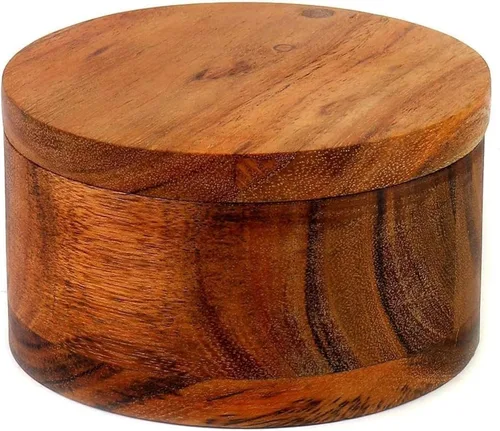 Kaizen Casa Caja de sal o especias de madera de acacia con cubierta giratoria perfecta para mantener la sal de mesa, sales gourmet, hierbas o