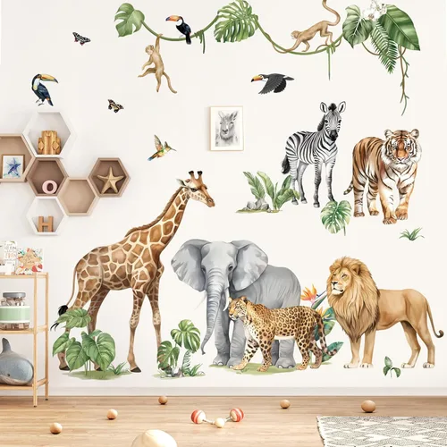 Miniatura 7 de decalmile Calcomanías de pared de animales del safari Calcomanías de pared de animales de la selva Animales trepadores de árbol Jirafa Elefante León