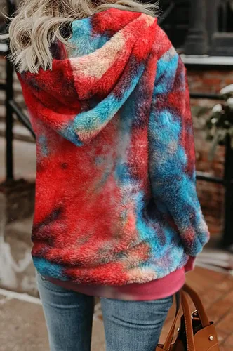 Miniatura 2 de Nirovien Sudadera Sherpa con capucha para mujer diseño de teñido anudado con doble forro polar mullida de gran tamaño a cuadros